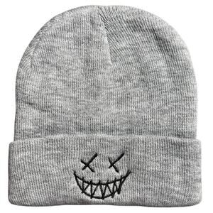 Knitted Woven Gray Scary Smiley Face Beanie Mens OS - Punk Skater Preppy Casual